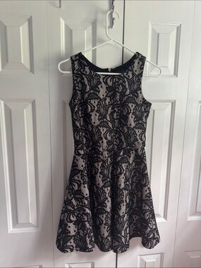 HeartSoul Black Lace Overlay Mini Dress with Nude Lining